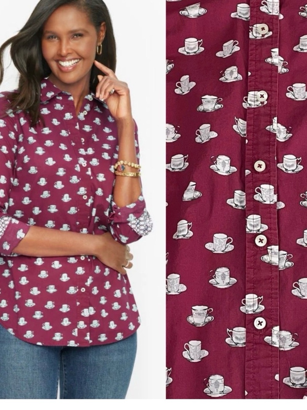 Talbots Burgundy Tea Cup Button-Down Cotton Shirt Size Petite Medium NWT